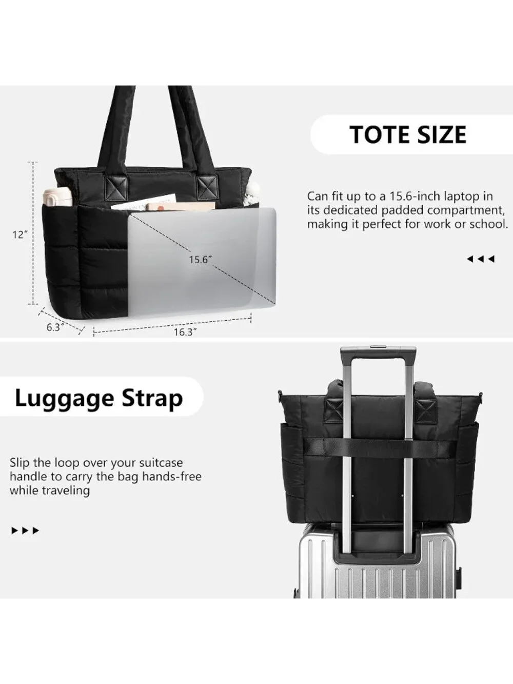👜Women's Black Quilted Puffer Tote Bag Lightweight Work For Travel Handbags